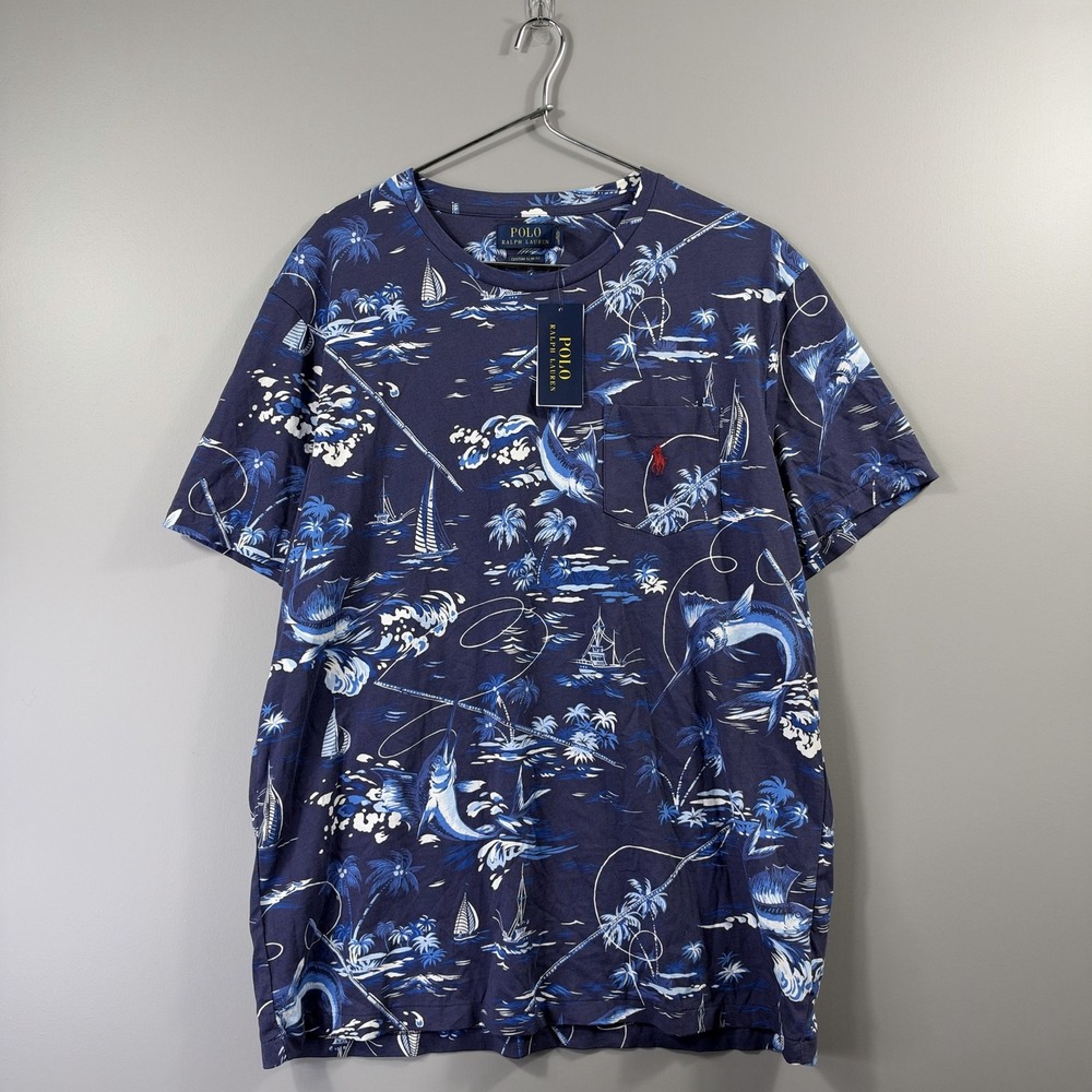 Polo Ralph Lauren Shirt Mens XL Blue Tropical Fish Pocket Custom Slim Fit Tee